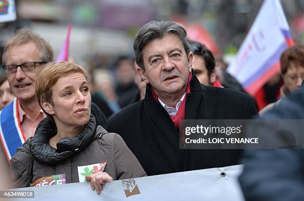 Leftist Front de Gauche leader Jean-Luc Melenchon and spokesperson of French Left party Ensemble Clementine Autain march during a demonstration in...