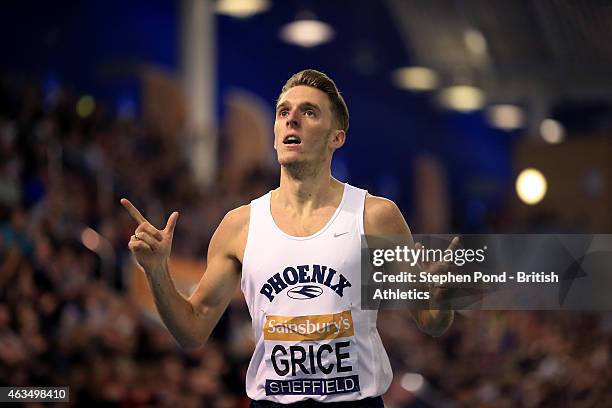 Charlie Grice of Great Britain celebrates victory in the mens 1500m during day two of the Sainsbury's British Athletics Indoor Championships at the...