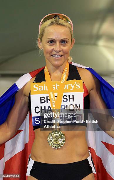 Winner Jenny Meadows of Great Britain poses with her medal after the womens 800m during day two of the Sainsbury's British Athletics Indoor...