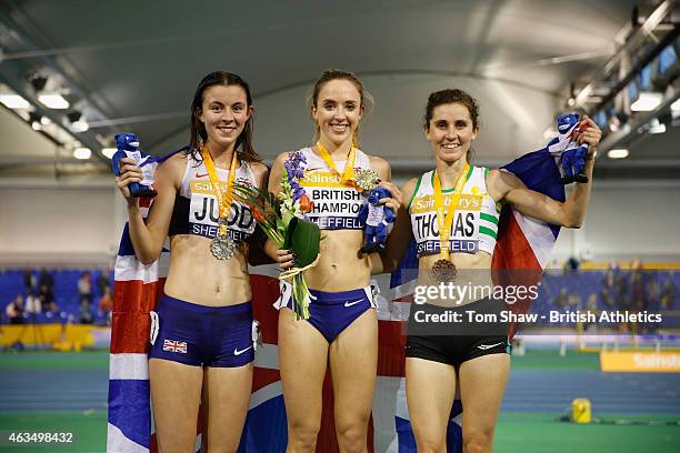 Jessica Judd of Great Britain, Emilia Gorecka of Great Britain and Charlene Thomas of Great Britain pose on the podium with the medals from the...