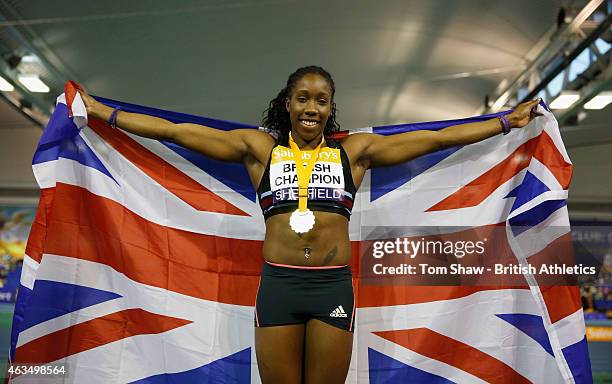 Serita Solomon of Great Britain poses on the podium after the womens 60m hurdles during day 2 of the Sainsbury's British Athletics Indoor...