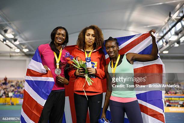 Zainab Ceesay of Great Britain, Laura Samuel of Great Britain and Zara Asante of Great Britain pose on the poduim after the Womens Triple Jump during...