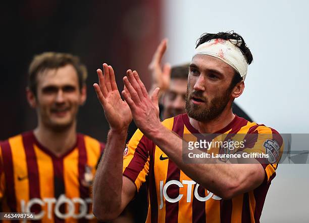 Rory McArdle of Bradford applauds the fans after victory in the FA Cup Fifth Round match between Bradford City and Sunderland at Coral Windows...