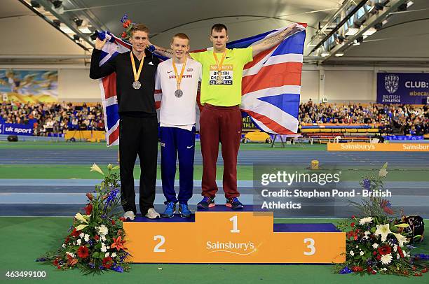 Winner Luke Cutts of Great Britain shared second place Adam Hague of Great Britain and shared second place Andrew Sutcliffe of Great Britain pose...