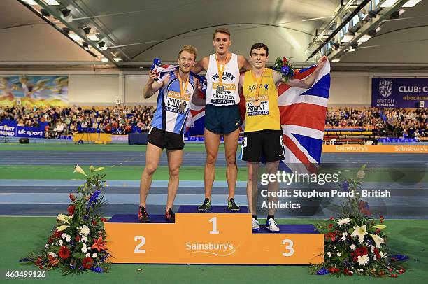 Winner Charlie Grice of Great Britain second place Ben Coldray of Great Britain and third place John Ashcroft of Great Britain pose with their medals...