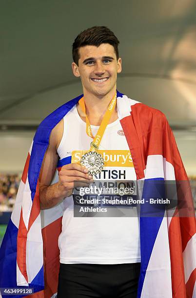 Winner Guy Learmonth of Great Britain poses with his medal after the mens 800m during day two of the Sainsbury's British Athletics Indoor...