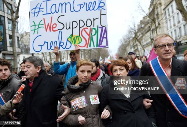 Spokesperson of French Left party Ensemble Clementine Autain marches during a demonstration in support of the Greek people on February 15, 2015 in...