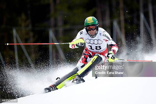Mario Matt of Austria races during the Men's Slalom on the Birds of Prey racecourse on Day 14 of the 2015 FIS Alpine World Ski Championships on...