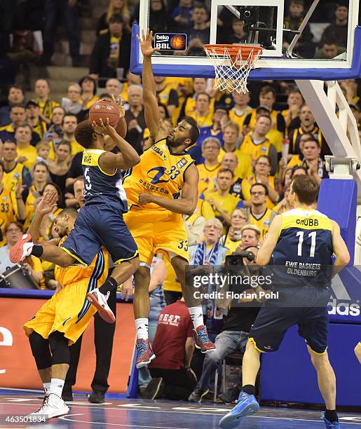 Alex King, Casper Ware of EWE Baskets Oldenburg, Jamel McLean of ALBA Berlin and Adam Chubb of EWE Baskets Oldenburg during the game between Alba...