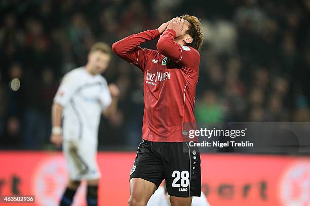 Hiroshi Kiyotake of Hannover reacts during the Bundesliga match between Hannover 96 and SC Paderborn 07 at HDI-Arena on February 15, 2015 in Hanover,...