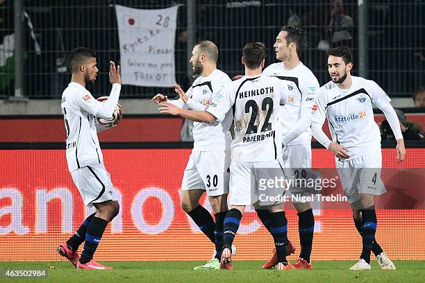 Players of Paderborn celebrates scoring their first goal during the Bundesliga match between Hannover 96 and SC Paderborn 07 at HDI-Arena on February...