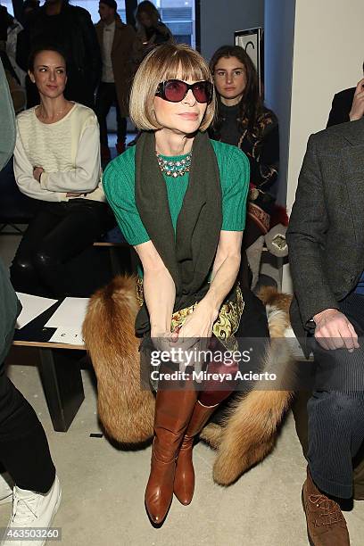 Vogue magazine editor, Anna Wintour attends Public School runway show during MADE Fashion Week Fall 2015 at Studio 330 on February 15, 2015 in New...