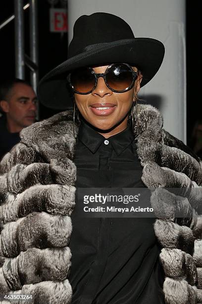Musician Mary J. Blige attends Public School runway show during MADE Fashion Week Fall 2015 at Studio 330 on February 15, 2015 in New York City.