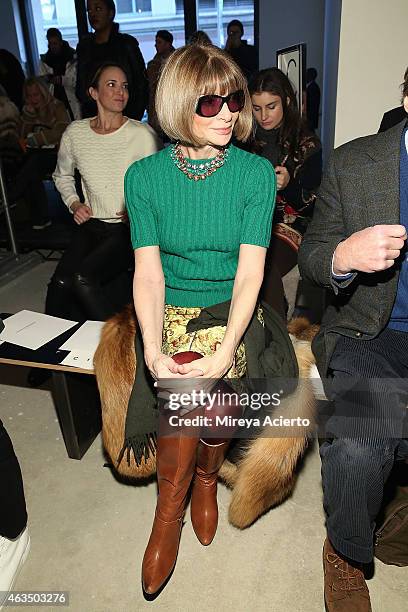 Vogue magazine editor, Anna Wintour attends Public School runway show during MADE Fashion Week Fall 2015 at Studio 330 on February 15, 2015 in New...