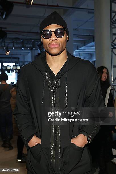 Player Russell Westbrook attends Public School runway show during MADE Fashion Week Fall 2015 at Studio 330 on February 15, 2015 in New York City.