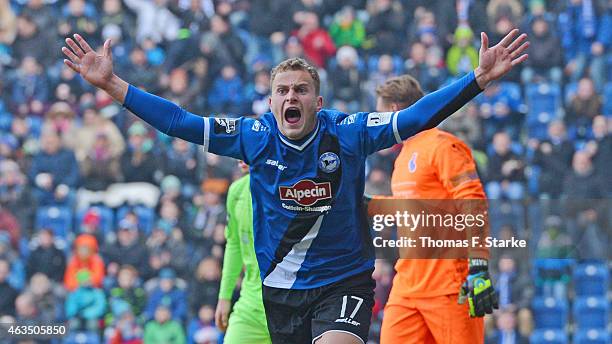 Christoph Hemlein of Bielefeld reacts during the Third League match between Arminia Bielefeld and MSV Duisburg at Schueco Arena on February 15, 2015...