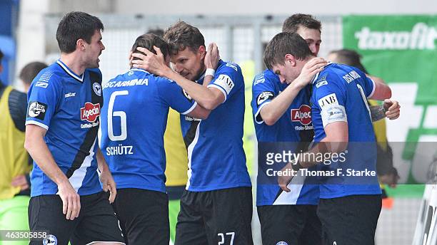 Florian Dick, Tom Schuetz, Sebastian Schuppan, Manuel Junglas and Fabian Klos of Bielefeld celebrate during the Third League match between Arminia...