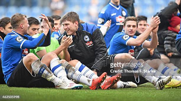 Fabian Klos of Bielefeld celebrates with his team mates after winning the Third League match between Arminia Bielefeld and MSV Duisburg at Schueco...