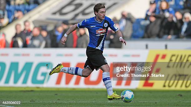 Tom Schuetz of Bielefeld runs with the ball during the Third League match between Arminia Bielefeld and MSV Duisburg at Schueco Arena on February 15,...