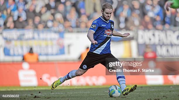 Felix Burmeister of Bielefeld runs with the ball during the Third League match between Arminia Bielefeld and MSV Duisburg at Schueco Arena on...