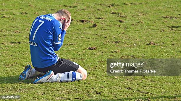 Christoph Hemlein of Bielefeld reacts during the Third League match between Arminia Bielefeld and MSV Duisburg at Schueco Arena on February 15, 2015...