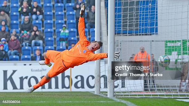 Michael Ratajczak of Duisburg misses to catch the ball during the Third League match between Arminia Bielefeld and MSV Duisburg at Schueco Arena on...