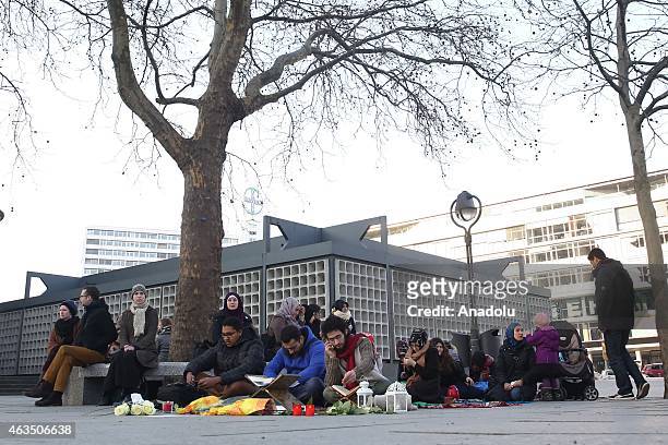 Group of demonstrators gather at Breitscheidplatz square to protest against the Chapel Hill shooting, in Berlin, Germany on February 15, 2015. Three...