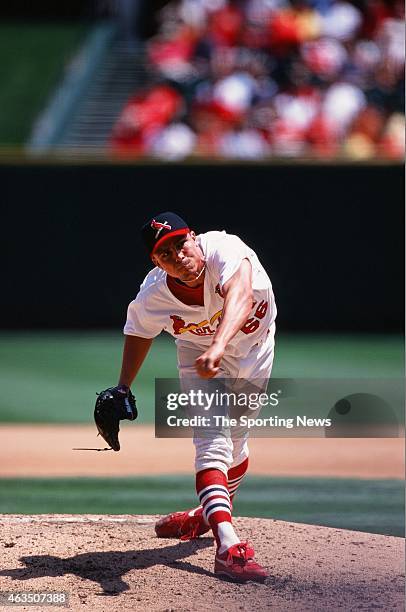 Rick Ankiel of the St. Louis Cardinals pitches against the Cleveland Indians at Busch Stadium on June 4, 2000 in St. Louis, Missouri.