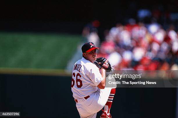 Rick Ankiel of the St. Louis Cardinals pitches against the Cleveland Indians at Busch Stadium on June 4, 2000 in St. Louis, Missouri.
