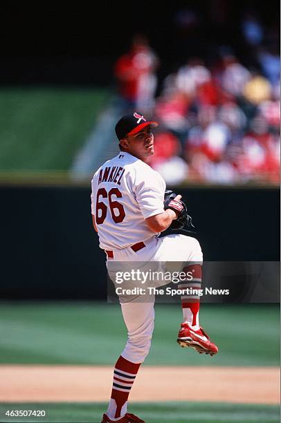 Rick Ankiel of the St. Louis Cardinals pitches against the Cleveland Indians at Busch Stadium on June 4, 2000 in St. Louis, Missouri.