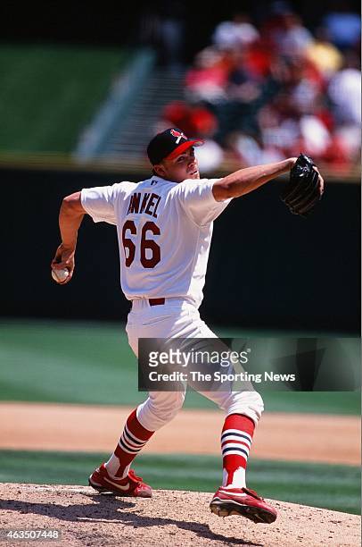 Rick Ankiel of the St. Louis Cardinals pitches against the Cleveland Indians at Busch Stadium on June 4, 2000 in St. Louis, Missouri.