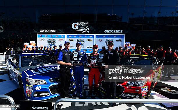 Jeff Gordon, driver of the Drive To End Hunger Chevrolet, his crew chief, Alan Gustafson, Jimmie Johnson, driver of the Lowe's Chevrolet, and his...