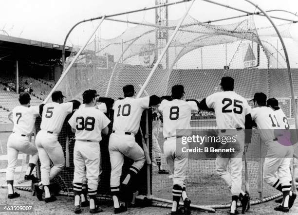 Reggie Smith, George Scott, Jerry Moses, Carl Yastrzemski, Tony Conigliaro and Dick Schofield of the Boston Red Sox watch batting practice before...