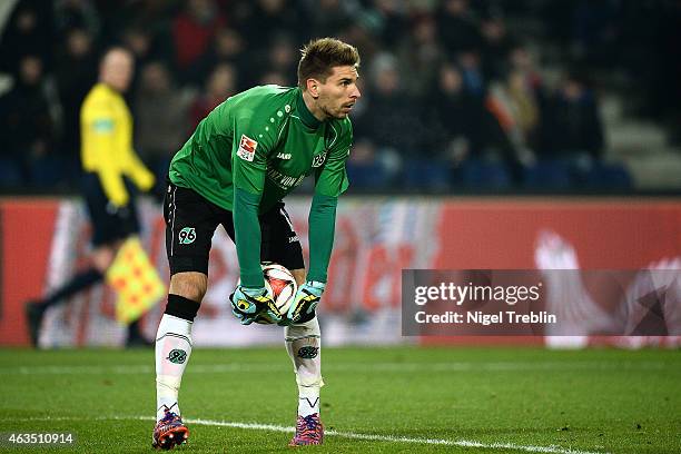 Ron-Robert Zieler of Hannover controls the ball during the Bundesliga match between Hannover 96 and SC Paderborn 07 at HDI-Arena on February 15, 2015...