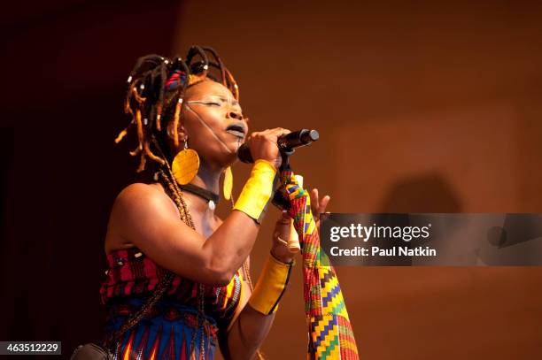 Cote d'Ivoire singer Dobet GNahore performs at the Pritzker Pavilion in Chicago, Illinois, July 8, 2010.