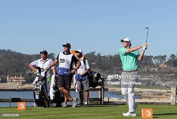 Brandt Snedeker hits his tee shot on the seventh hole during the final round of the AT&T Pebble Beach National Pro-Am at the Pebble Beach Golf Links...