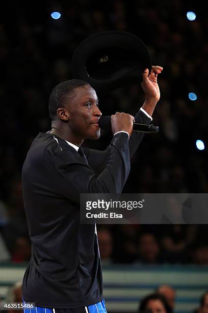 Victor Oladipo of the Orlando Magic competes sings during the Sprite Slam Dunk Contest as part of the 2015 NBA Allstar Weekend at Barclays Center on...