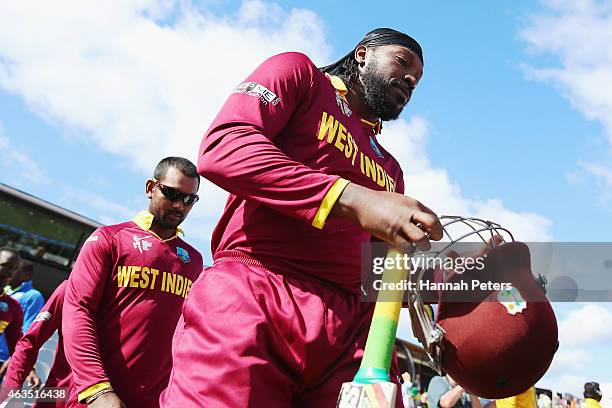 Chris Gayle of West Indies walks out to bat during the 2015 ICC Cricket World Cup match between the West Indies and Ireland at Saxton Field on...