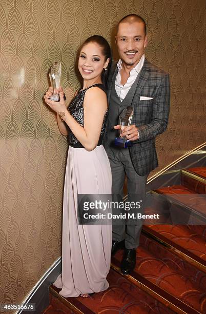 Best Actress in a Musical winner Eva Noblezada and Best Actor in a Musical winner Jon Jon Briones from "Miss Saigon" pose in the press room at the...