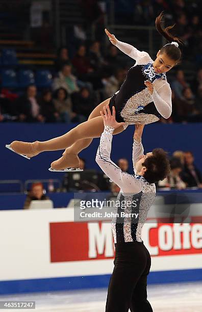 Amani Fancy and Christopher Boyadji of Great Britain compete in the Pairs Short Program of the ISU European Figure Skating Championships 2014 held at...