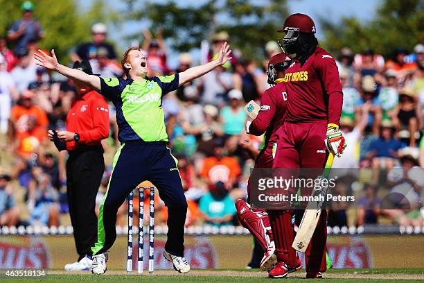 Kevin O'Brien of Ireland celebrates after dismissing Dwayne Smith of West Indies during the 2015 ICC Cricket World Cup match between the West Indies...