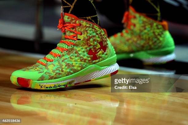 Detailed view of the sneakers of Stephen Curry of the Golden State Warriors and of the Western Conference during the Foot Locker Three-Point Contest...