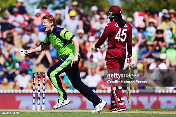 Kevin O'Brien of Ireland celebrates the wicket of Darren Bravo of West Indies during the 2015 ICC Cricket World Cup match between the West Indies and...