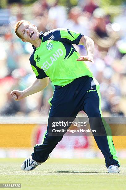 Kevin O'Brien of Ireland celebrates after taking the wicket of Dwayne Smith of the West Indies during the 2015 ICC Cricket World Cup match between...