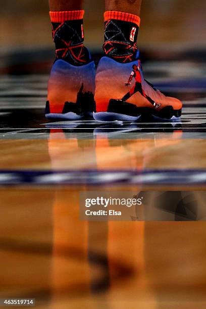 Detailed view of the sneakers of Russell Westbrook of the Oklahoma City Thunder and of the Western Conference during the Degree Shooting Stars...