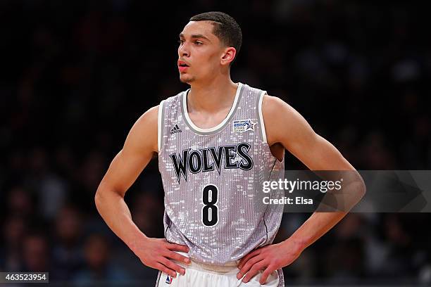 Zach LaVine of the Minnesota Timberwolves looks on during the BBVA Compass Rising Stars Challenge as part of the 2015 NBA Allstar Weekend at the...