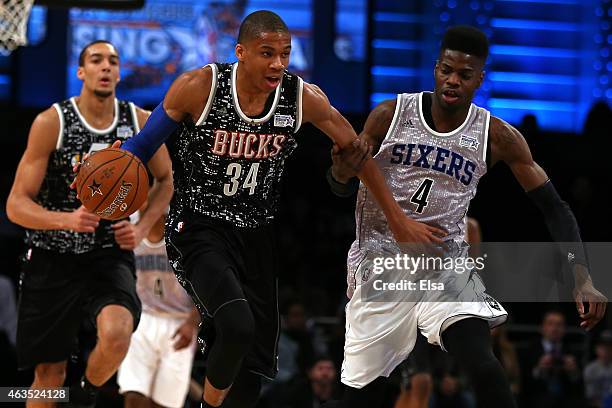 Giannis Antetokounmpo of the Milwaukee Bucks and the Eastern Conference in action against during the BBVA Compass Rising Stars Challenge as part of...