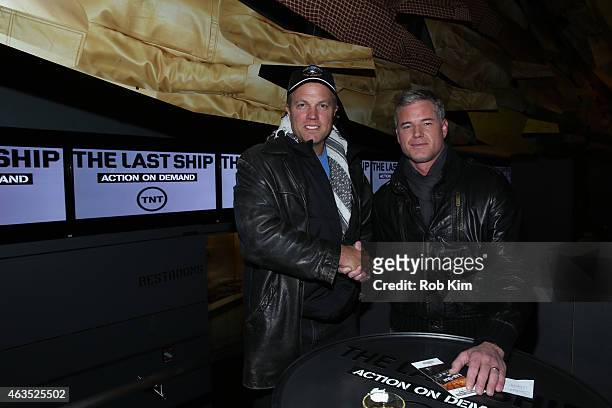 Actors Adam Baldwin and Eric Dane attend the "The Last Ship" All-Star Viewing Party at Clyde Frazier's Wine & Dine on February 15, 2015 in New York...