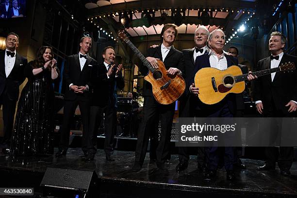 Pictured: Tom Hanks, Melissa McCarthy, Peyton Manning, Billy Crystal, Paul McCartney, Steve Martin, Paul Simon, Alec Baldwin during the cold open on...