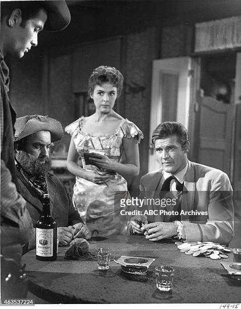 Dutchman's Gold" - Airdate: January 22, 1961. L-R: UNKNOWN;JACQUES AUBUCHON;MALA POWERS;ROGER MOORE